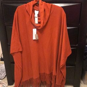 Cowl neck poncho with fringe
